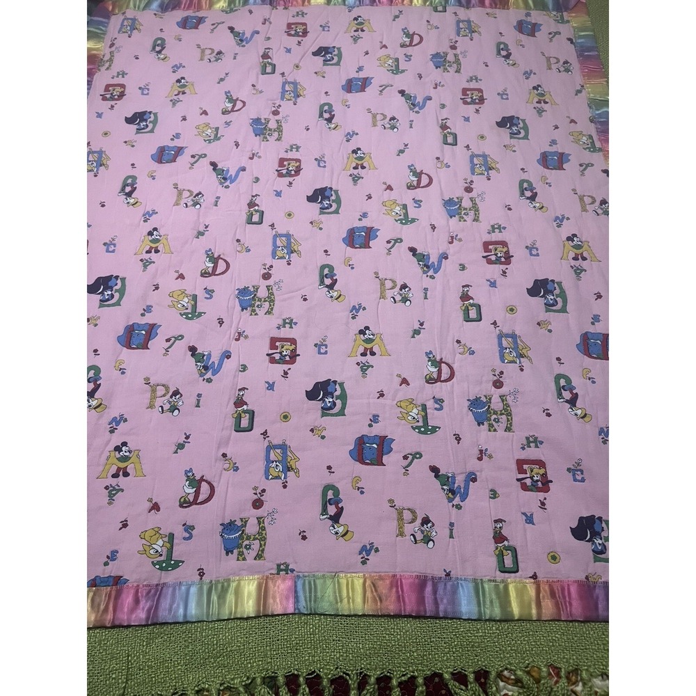 Handmade Baby Quilt , Vtg Disney ABC's Fabric , Pink , Satin Trim , Hand Stitch